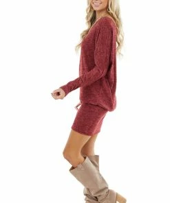 EG Fashion Maroon Long Sleeve Tunic Dress With Long Banded Hem Dresses