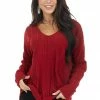 143 Story Tops Maroon Long Sleeve Wide Neck Knit Top With Ribbed Detail