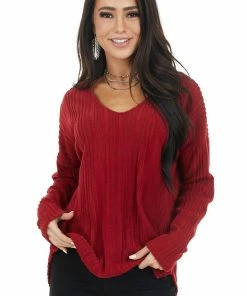 143 Story Tops Maroon Long Sleeve Wide Neck Knit Top With Ribbed Detail