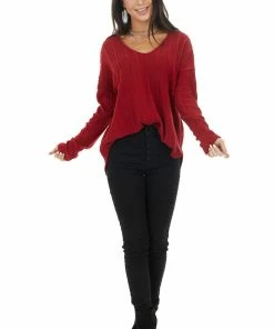 143 Story Tops Maroon Long Sleeve Wide Neck Knit Top With Ribbed Detail 21 143 Story Tops Maroon Long Sleeve Wide Neck Knit Top With Ribbed Detail