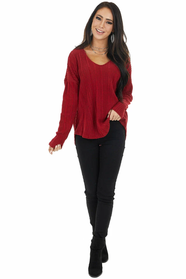 143 Story Tops Maroon Long Sleeve Wide Neck Knit Top With Ribbed Detail 5 143 Story Tops Maroon Long Sleeve Wide Neck Knit Top With Ribbed Detail