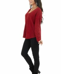 143 Story Tops Maroon Long Sleeve Wide Neck Knit Top With Ribbed Detail 23 143 Story Tops Maroon Long Sleeve Wide Neck Knit Top With Ribbed Detail