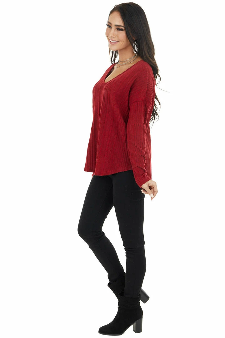 143 Story Tops Maroon Long Sleeve Wide Neck Knit Top With Ribbed Detail 8 143 Story Tops Maroon Long Sleeve Wide Neck Knit Top With Ribbed Detail