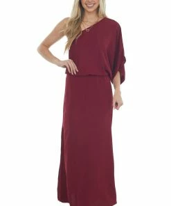 Eesome Maroon One Shoulder Elastic Waist Maxi Dress