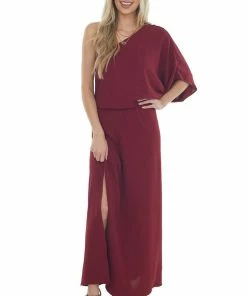 Eesome Maroon One Shoulder Elastic Waist Maxi Dress
