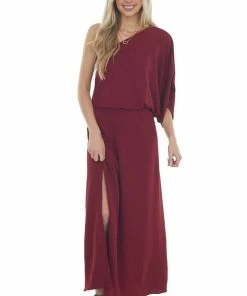 Eesome Maroon One Shoulder Elastic Waist Maxi Dress