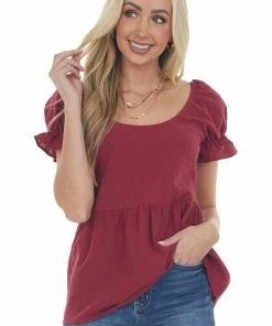 Miss Sparkling Tops Maroon Puff Sleeve Peplum Blouse