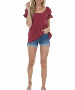 Miss Sparkling Tops Maroon Puff Sleeve Peplum Blouse