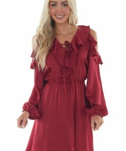 Hailey & Co Maroon Red Cold Shoulder V Neck Short Dress