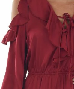 Hailey & Co Maroon Red Cold Shoulder V Neck Short Dress