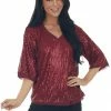 Umgee Tops Maroon Sequined Half Sleeve V Neck Top