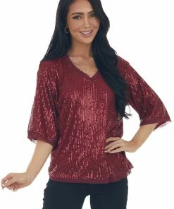 Umgee Tops Maroon Sequined Half Sleeve V Neck Top