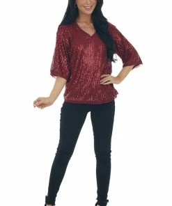 Umgee Tops Maroon Sequined Half Sleeve V Neck Top