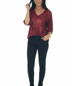 Umgee Tops Maroon Sequined Half Sleeve V Neck Top
