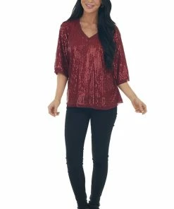 Umgee Tops Maroon Sequined Half Sleeve V Neck Top