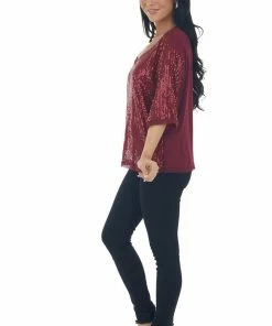 Umgee Tops Maroon Sequined Half Sleeve V Neck Top