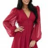 Flying Tomato Maroon Textured Long Bubble Sleeve Short Dress