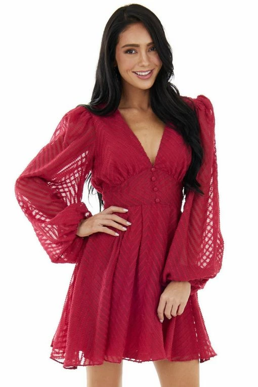 Flying Tomato Maroon Textured Long Bubble Sleeve Short Dress 14 Flying Tomato Maroon Textured Long Bubble Sleeve Short Dress