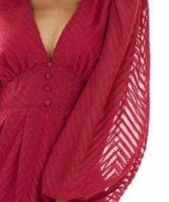 Flying Tomato Maroon Textured Long Bubble Sleeve Short Dress