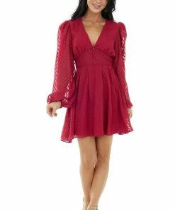 Flying Tomato Maroon Textured Long Bubble Sleeve Short Dress