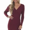 Style Melody Dresses Maroon Twisted Front Bodycon Ribbed Knit Dress