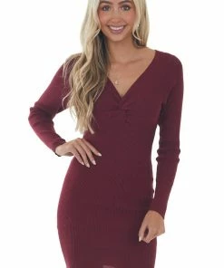Style Melody Dresses Maroon Twisted Front Bodycon Ribbed Knit Dress