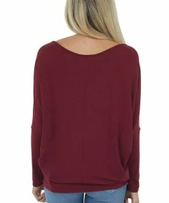Charlotte Avery Maroon Wide V Neck Long Dolman Sleeve Knit Top Tops
