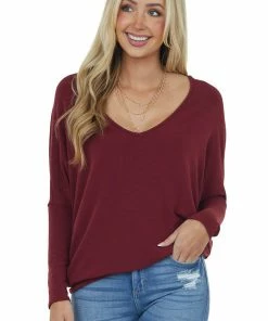 Charlotte Avery Maroon Wide V Neck Long Dolman Sleeve Knit Top Tops