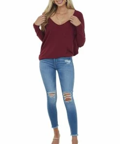 Charlotte Avery Maroon Wide V Neck Long Dolman Sleeve Knit Top Tops