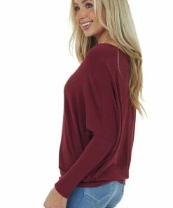 Charlotte Avery Maroon Wide V Neck Long Dolman Sleeve Knit Top Tops