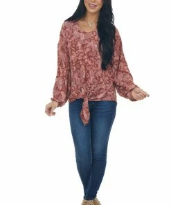GeeGee Tops Marsala Camo Bubble Sleeve Top With Front Knot