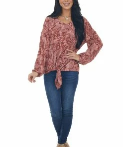 GeeGee Tops Marsala Camo Bubble Sleeve Top With Front Knot