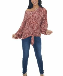 GeeGee Tops Marsala Camo Bubble Sleeve Top With Front Knot