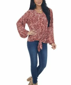 GeeGee Tops Marsala Camo Bubble Sleeve Top With Front Knot