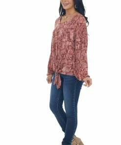 GeeGee Tops Marsala Camo Bubble Sleeve Top With Front Knot