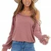 La Miel Mauve Cold Shoulder Long Sleeve Top With Raw Seam Detail Tops