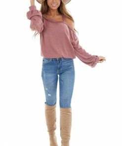La Miel Mauve Cold Shoulder Long Sleeve Top With Raw Seam Detail Tops
