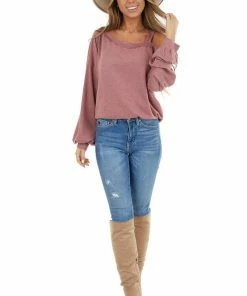 La Miel Mauve Cold Shoulder Long Sleeve Top With Raw Seam Detail Tops