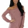 BiBi Tops Marsala Distressed Terry Knit Cold Shoulder Top 1 BiBi Tops Marsala Distressed Terry Knit Cold Shoulder Top