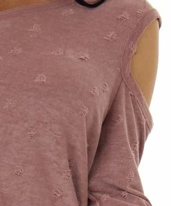 BiBi Tops Marsala Distressed Terry Knit Cold Shoulder Top