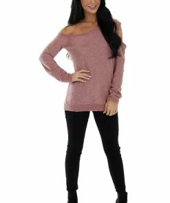 BiBi Tops Marsala Distressed Terry Knit Cold Shoulder Top