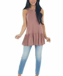 CY Fashion Tops Marsala Halter Neck Drop Waist Top With Ladder Back