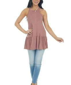 CY Fashion Tops Marsala Halter Neck Drop Waist Top With Ladder Back