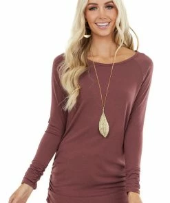 Vanilla Bay Tops Marsala Long Raglan Sleeve Top With Ruching Details