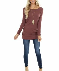 Vanilla Bay Tops Marsala Long Raglan Sleeve Top With Ruching Details