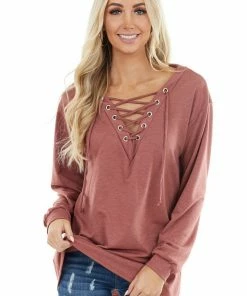 BiBi Tops Marsala Long Sleeve Knit Top With Lace Up V Neck Detail
