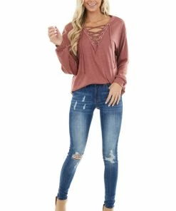 BiBi Tops Marsala Long Sleeve Knit Top With Lace Up V Neck Detail