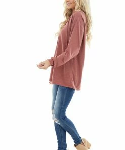 BiBi Tops Marsala Long Sleeve Knit Top With Lace Up V Neck Detail