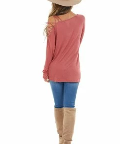 BiBi Marsala Long Sleeve Knit Top With Ladder Detail Tops