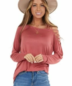 BiBi Marsala Long Sleeve Knit Top With Ladder Detail Tops
